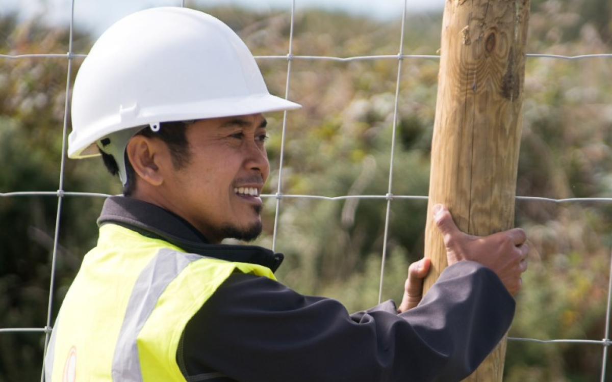 Man wearing high visibility apparel and construction hat