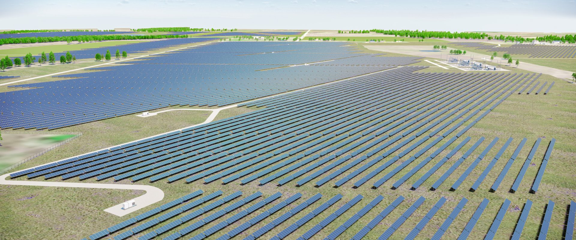 Aerial image of rows of solar panels on a solar farm