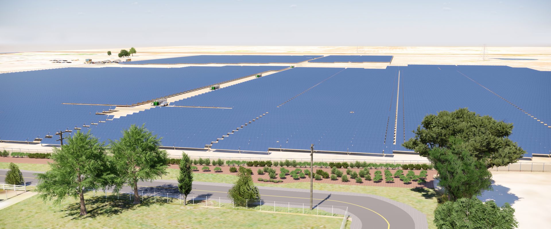 Aerial image of rows of solar panels on a solar farm