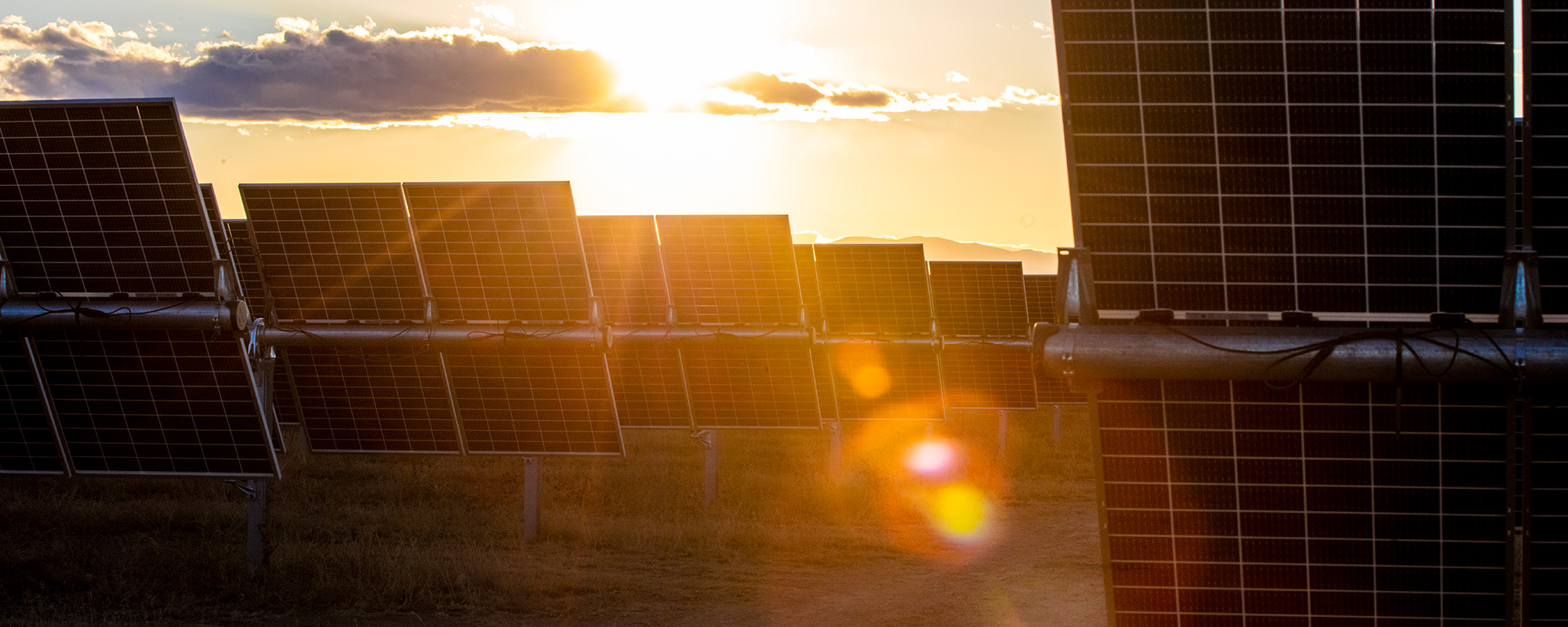 sun setting behind panels casting a light flare