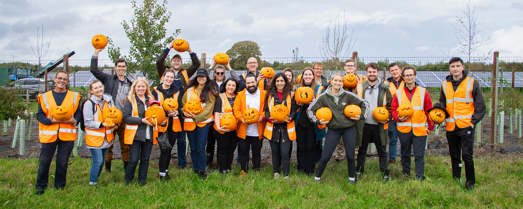 Lightsource bp team members on site at Manor Farm solar site with their carved pumkins