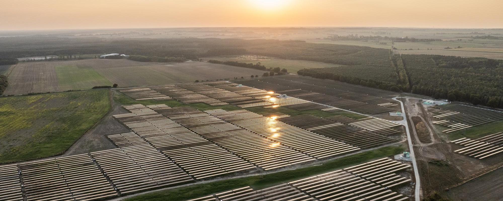 Aerial shot of Kotun solar farm at sunrise